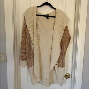 Daytrip XS Hooded Open Knit Cardigan Cream & Rust Boho Duster Sweater